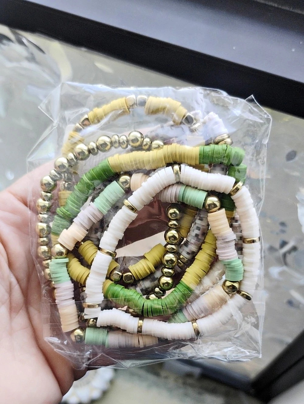 Beaded Bracelet Set in Green & Pink